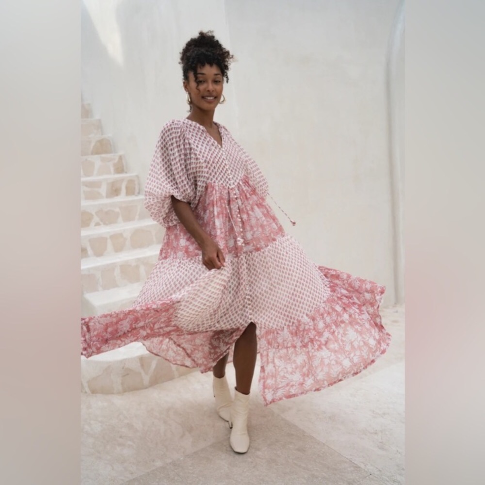 Daughters of India Pink and White Tiered Floral Maxi Dress